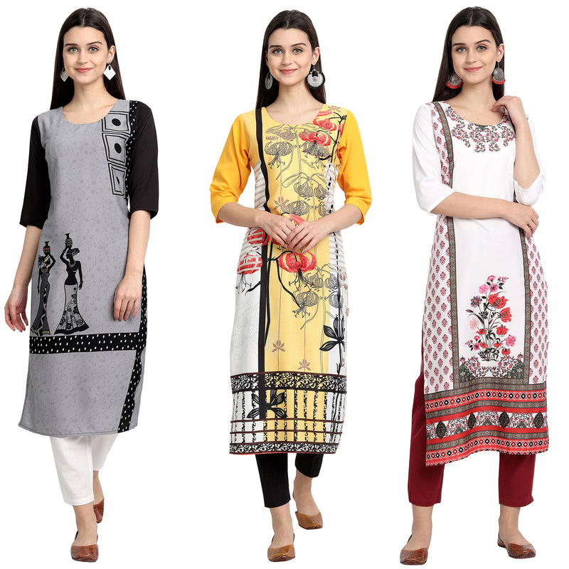 Ethnic Basket Crape Multicolor Digital Print Stright Pack of 3 Kurta 123-146-168