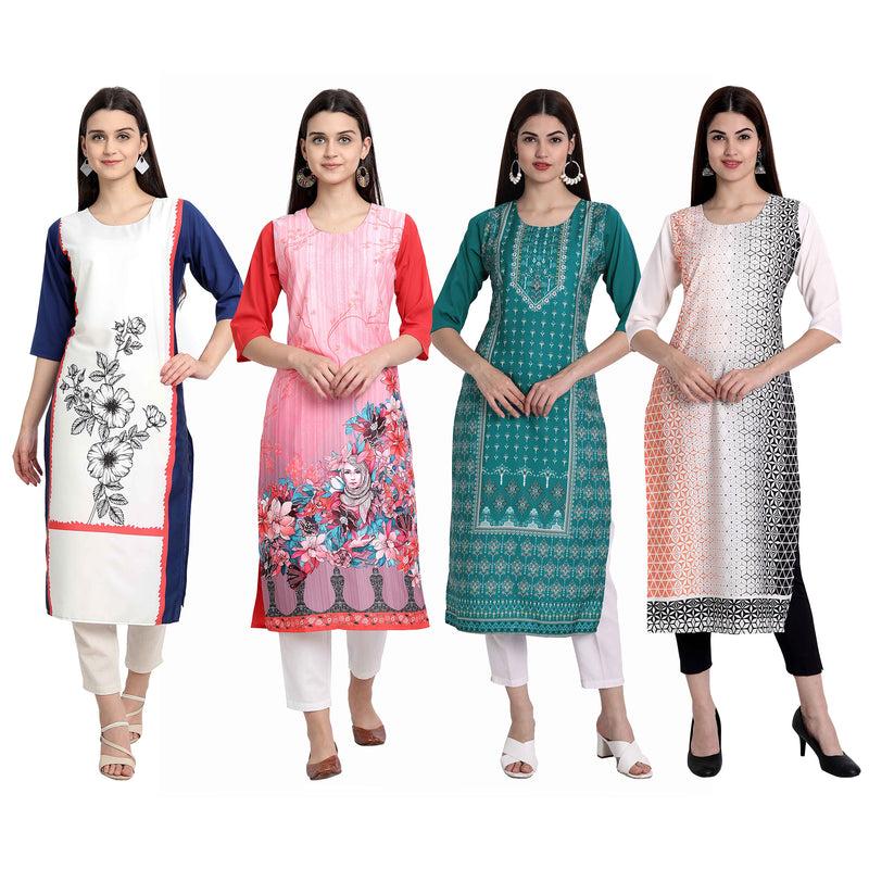 Ethnic Basket Crape Multicolor Knee Length Pack of 4 Kurtas 144-142-302-301