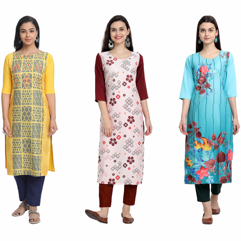 Ethnic Basket Crape Multicolor Digital Print Stright Pack of 3 Kurta 159-221-162