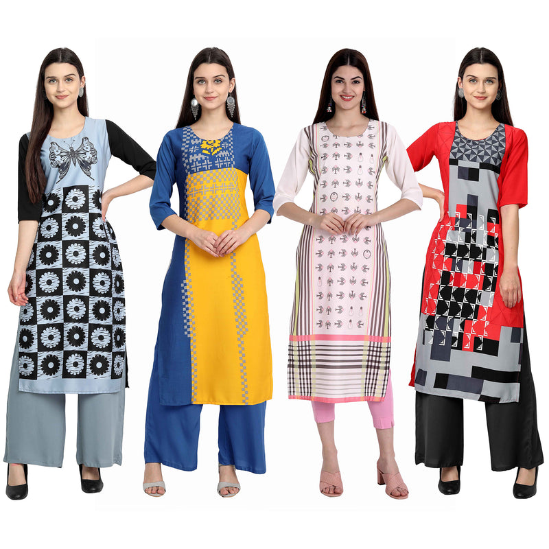 Ethnic Basket Crape Multicolor Knee Length Pack of 4 Kurtas 164-060-298-015