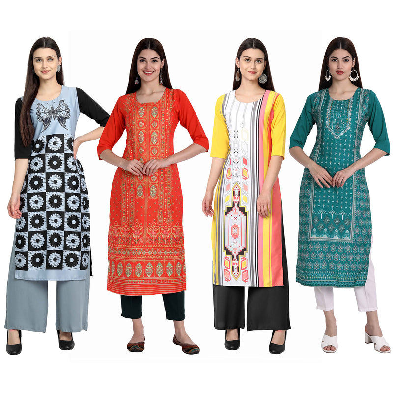 Ethnic Basket Crape Multicolor Knee Length Pack of 4 Kurtas 164-295-165-302