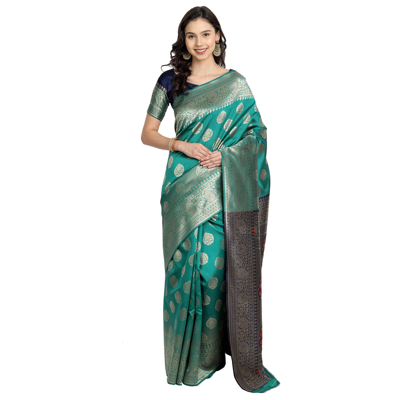 Banarasi Silk Jacquard Turquoise Colour Saree With Unstiched Blouse Piece
