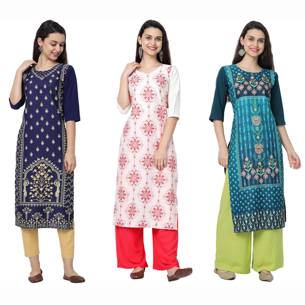 Crepe Multi Color Digital Print Straight Pack of 3 Beautiful Kurta