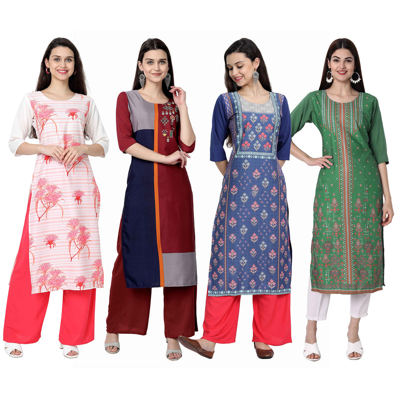 Ethnic Basket Crape Multicolor Knee Length Pack of 4 Kurtas 226-059-246-287