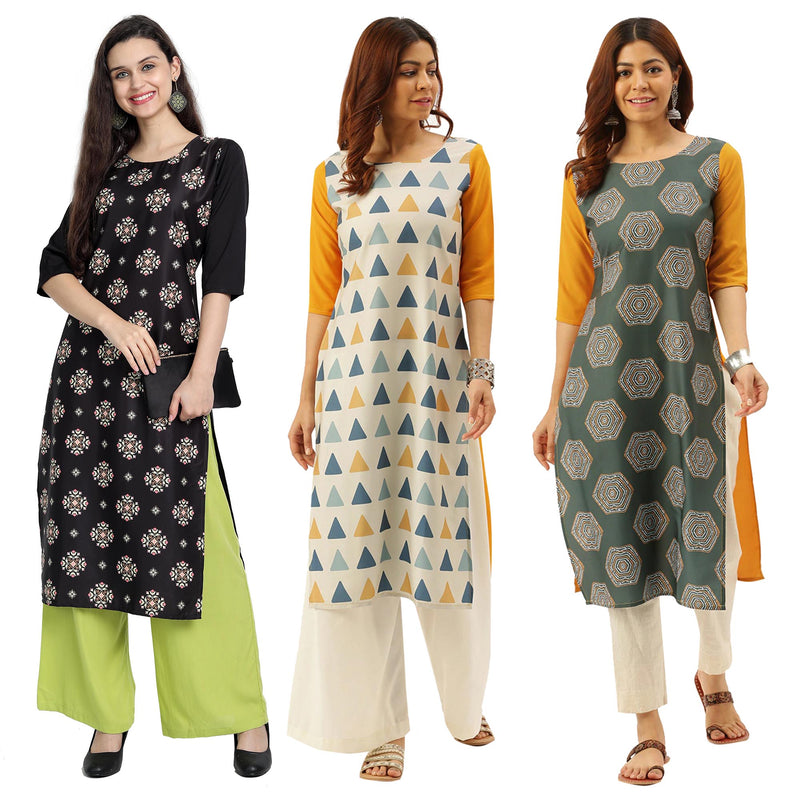 Ethnic Basket Crape Multicolor Digital Print Stright Pack of 3 Kurta 233-223-224