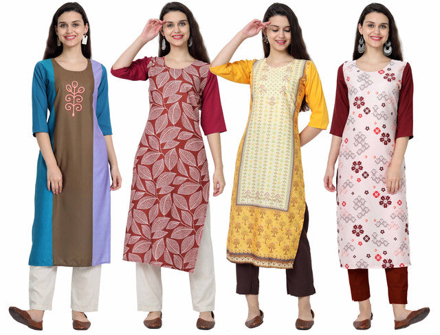 Crepe MultiColour Digital Print Straight Pack of 4 Combo Kurta