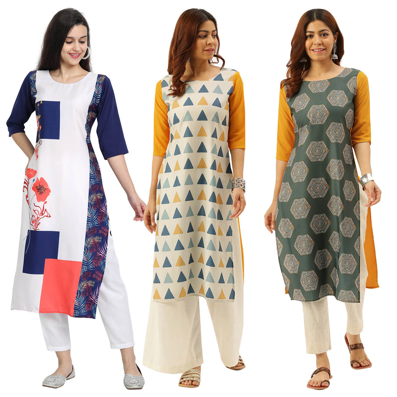 Ethnic Basket Crape Multicolor Digital Print Stright Pack of 3 Kurta 242-223-224