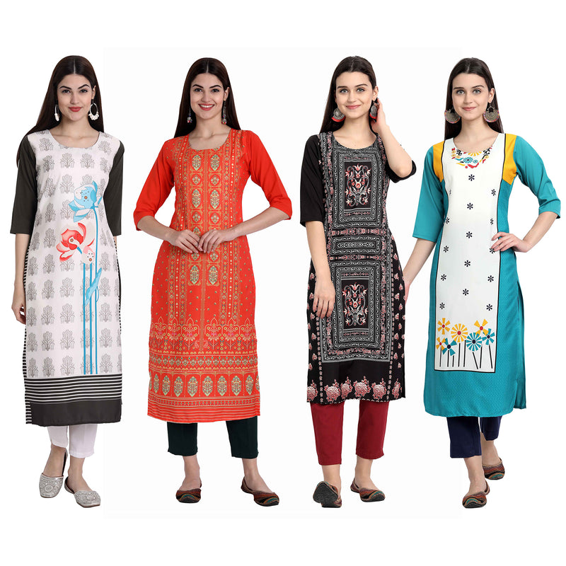 Ethnic Basket Crape Multicolor Knee Length Pack of 4 Kurtas 290-295-106-054