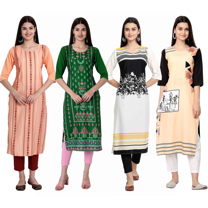 Ethnic Basket Crape Multicolor Knee Length Pack of 4 Kurtas 292-297-006-143