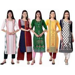 Ethnic Basket Crape Multicolor Digital Print Straight Pack of 5 Kurta 296-059-297-115-069