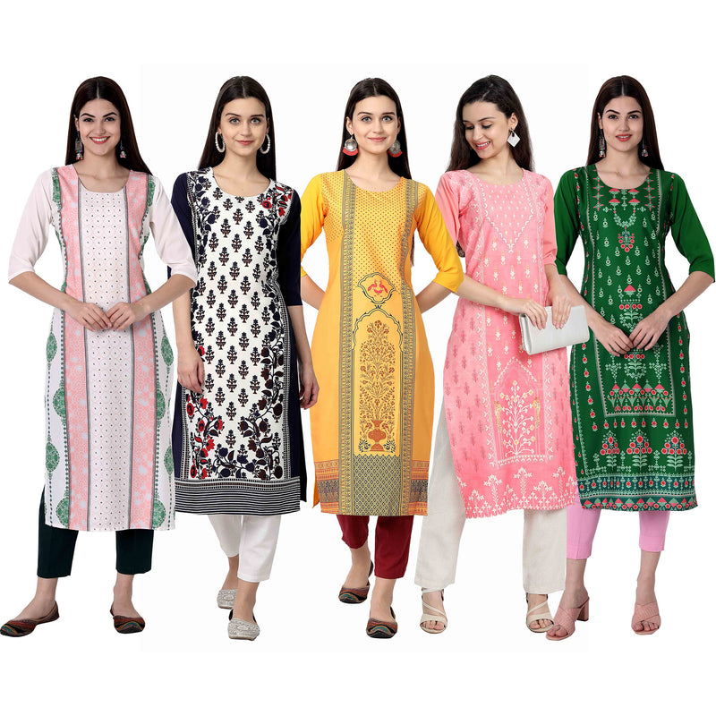 Ethnic Basket Crape Multicolor Digital Print Straight Pack of 5 Kurta 296-069-115-216-297