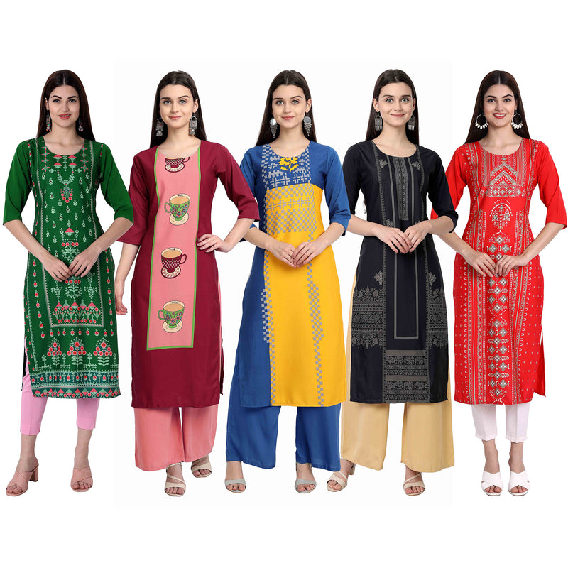 Ethnic Basket Crape Multicolor Digital Print Straight Pack of 5 Kurta 297-062-060-016-286