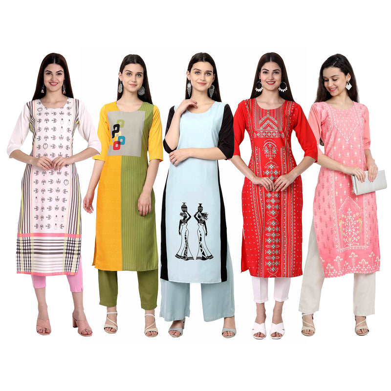 Ethnic Basket Crape Multicolor Digital Print Straight Pack of 5 Kurta 298-055-124-286-216