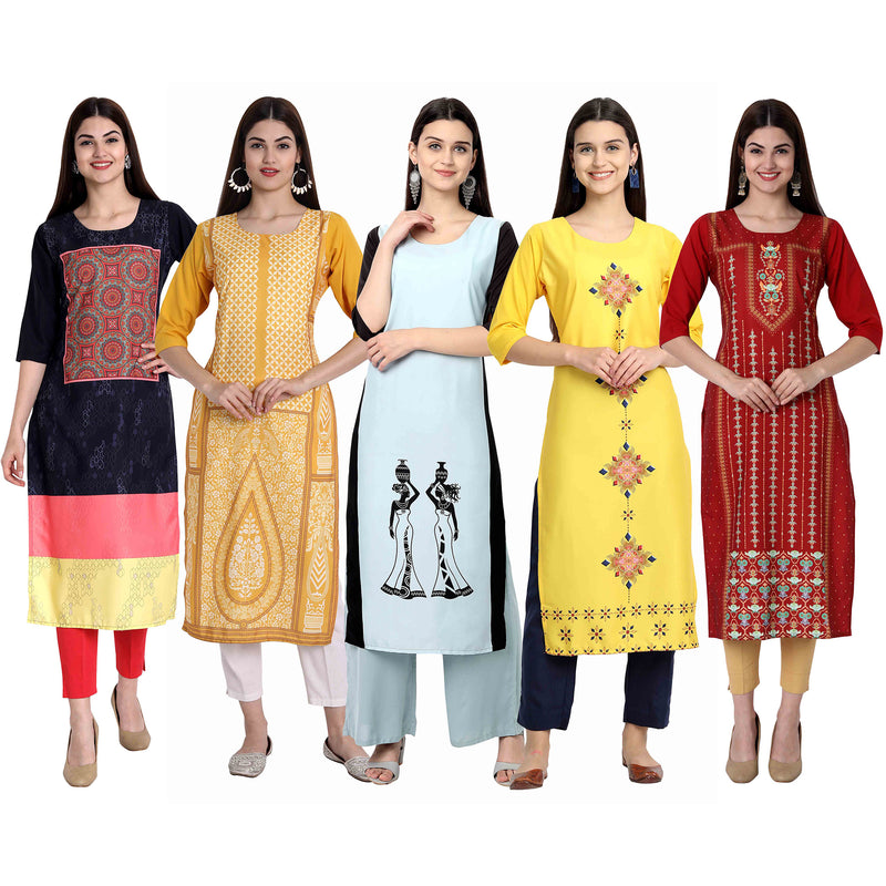 Ethnic Basket Crape Multicolor Digital Print Straight Pack of 5 Kurta 299-289-124-191-293