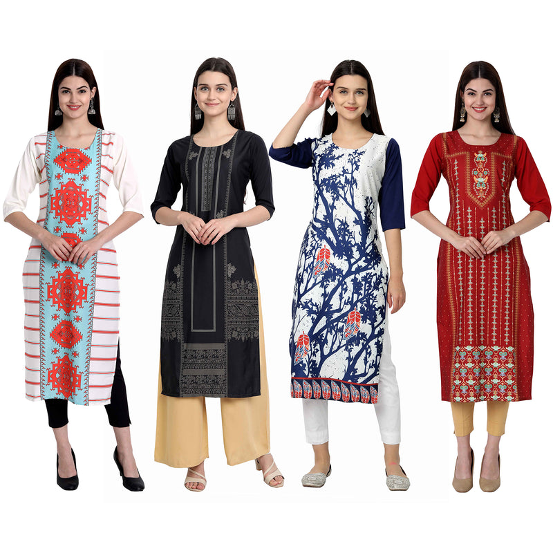 Ethnic Basket Crape Multicolor Knee Length Pack of 4 Kurtas 300-016-141-293