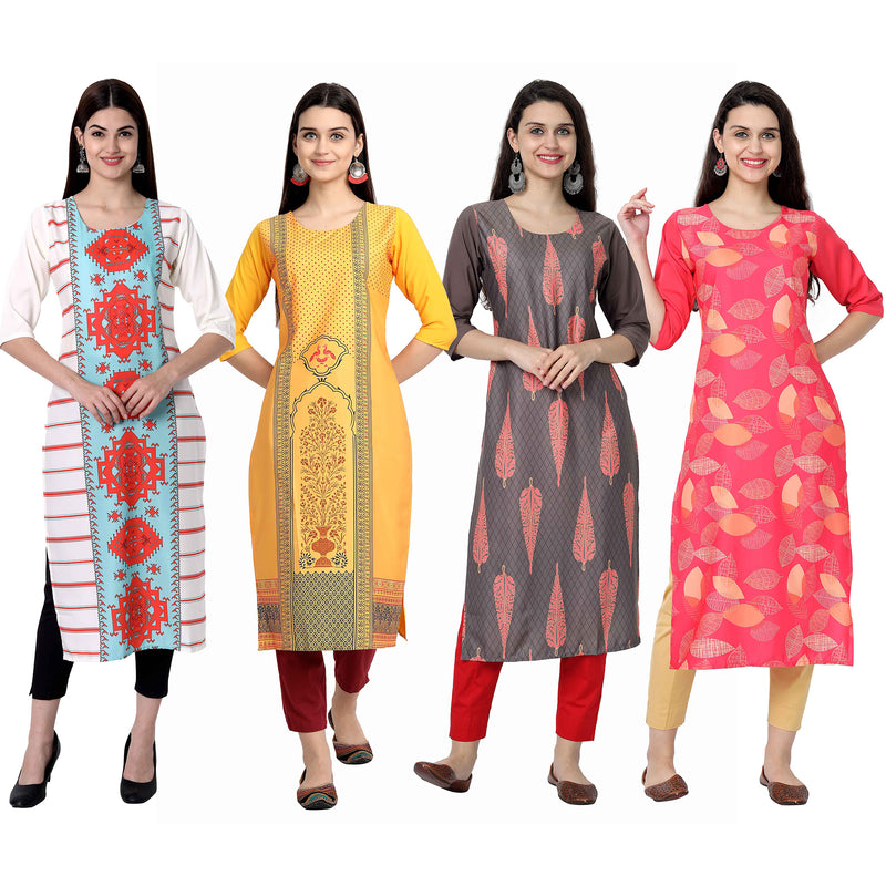 Ethnic Basket Crape Multicolor Knee Length Pack of 4 Kurtas 300-115-244-245