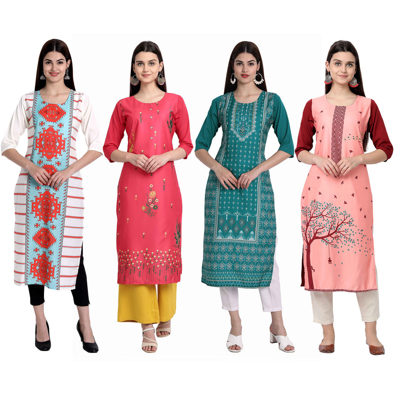 Ethnic Basket Crape Multicolor Knee Length Pack of 4 Kurtas 300-166-302-167