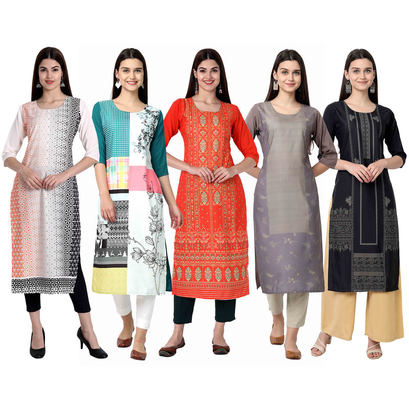 Ethnic Basket Crape Multicolor Digital Print Straight Pack of 5 Kurta 301-083-295-018-016