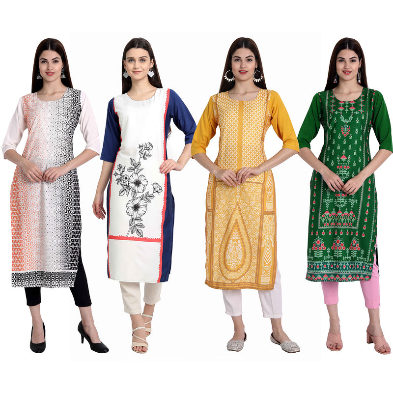 Ethnic Basket Crape Multicolor Knee Length Pack of 4 Kurtas 301-144-289-297