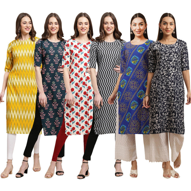 STYLISH CREPE MULTICOLOR PRINTED STRAIGHT SET OF 6 COMBO KURTA 329-335-342-336-391-388