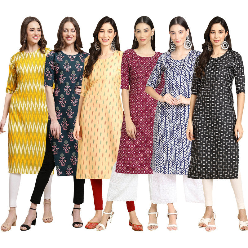 STYLISH CREPE MULTICOLOR PRINTED STRAIGHT SET OF 6 COMBO KURTA 329-335-360-355-348-362