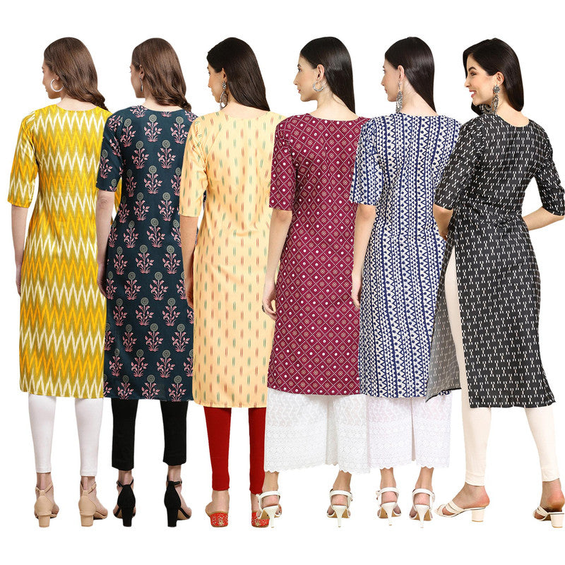 STYLISH CREPE MULTICOLOR PRINTED STRAIGHT SET OF 6 COMBO KURTA 329-335-360-355-348-362