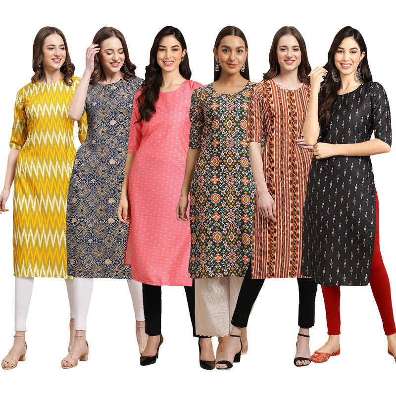 STYLISH CREPE MULTICOLOR PRINTED STRAIGHT SET OF 6 COMBO KURTA 329-341-371-383-344-359