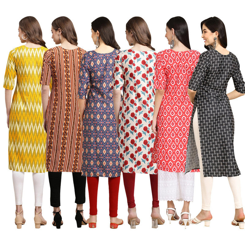 STYLISH CREPE MULTICOLOR PRINTED STRAIGHT SET OF 6 COMBO KURTA 329-344-358-342-346-362