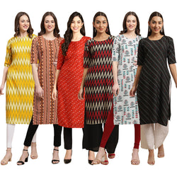 STYLISH CREPE MULTICOLOR PRINTED STRAIGHT SET OF 6 COMBO KURTA 329-344-370-382-340-385