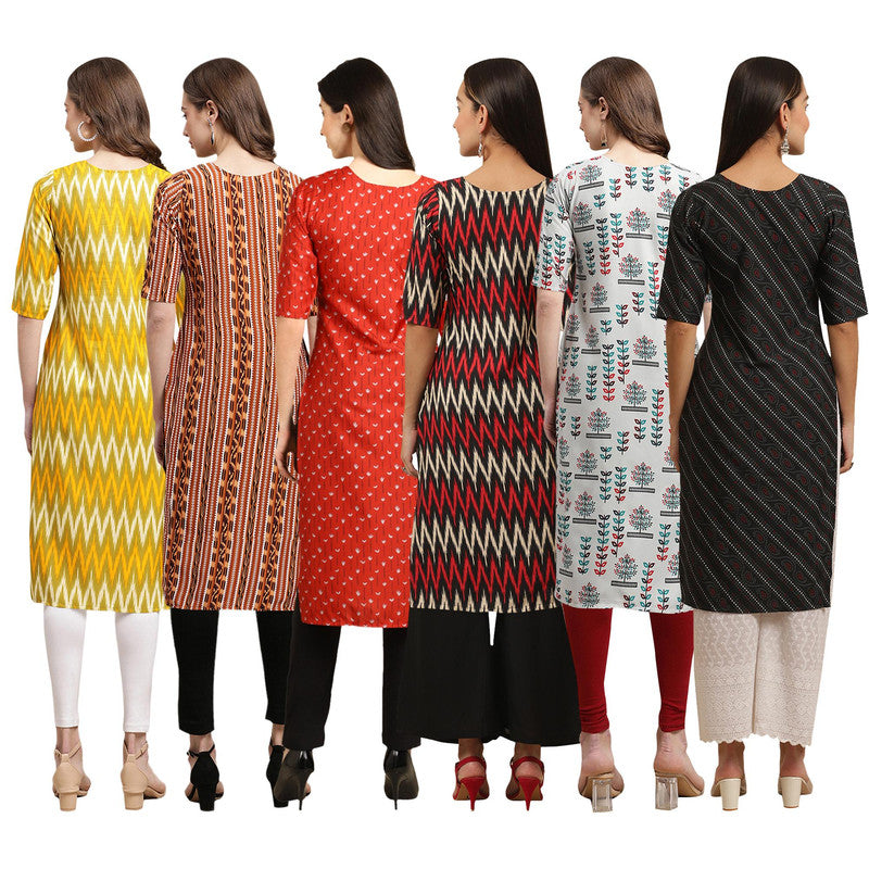 STYLISH CREPE MULTICOLOR PRINTED STRAIGHT SET OF 6 COMBO KURTA 329-344-370-382-340-385