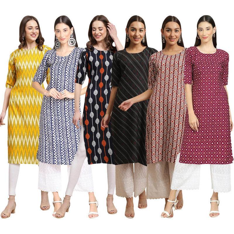 STYLISH CREPE MULTICOLOR PRINTED STRAIGHT SET OF 6 COMBO KURTA 329-348-330-385-389-355