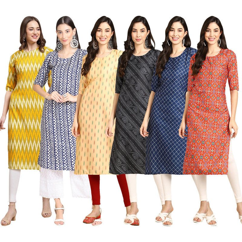 STYLISH CREPE MULTICOLOR PRINTED STRAIGHT SET OF 6 COMBO KURTA 329-348-360-363-364-365