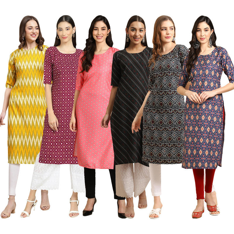 STYLISH CREPE MULTICOLOR PRINTED STRAIGHT SET OF 6 COMBO KURTA 329-355-371-385-373-358