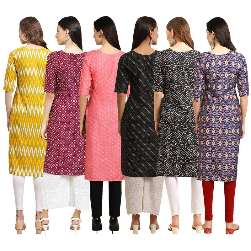 STYLISH CREPE MULTICOLOR PRINTED STRAIGHT SET OF 6 COMBO KURTA 329-355-371-385-373-358