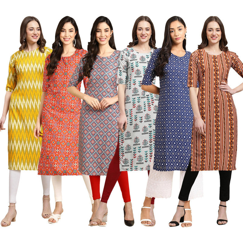 STYLISH CREPE MULTICOLOR PRINTED STRAIGHT SET OF 6 COMBO KURTA 329-365-372-340-353-344