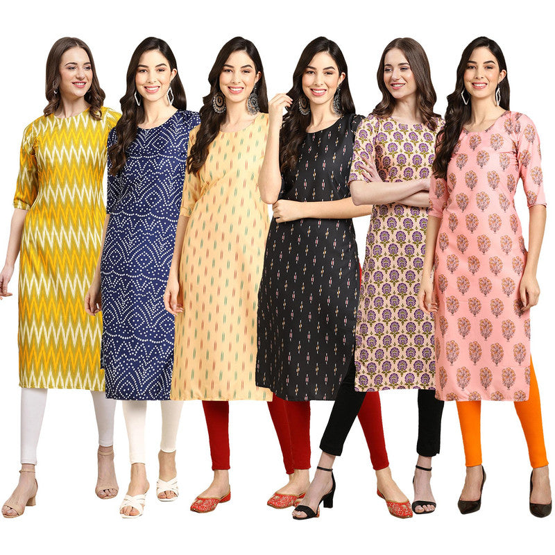 STYLISH CREPE MULTICOLOR PRINTED STRAIGHT SET OF 6 COMBO KURTA 329-366-360-359-332-368