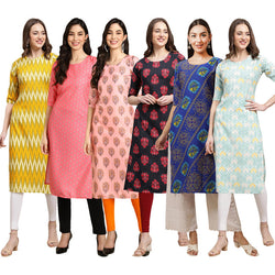 STYLISH CREPE MULTICOLOR PRINTED STRAIGHT SET OF 6 COMBO KURTA 329-371-368-345-391-343