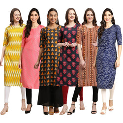 STYLISH CREPE MULTICOLOR PRINTED STRAIGHT SET OF 6 COMBO KURTA 329-371-387-345-344-366