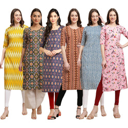 STYLISH CREPE MULTICOLOR PRINTED STRAIGHT SET OF 6 COMBO KURTA 329-383-358-344-331-339