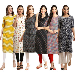 STYLISH CREPE MULTICOLOR PRINTED STRAIGHT SET OF 6 COMBO KURTA 329-386-373-359-372-388