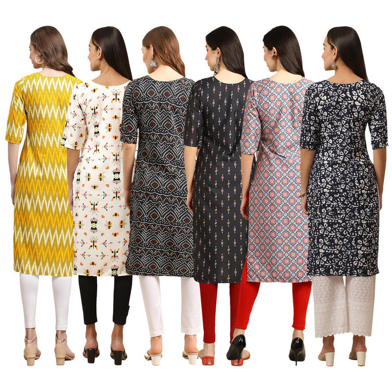 STYLISH CREPE MULTICOLOR PRINTED STRAIGHT SET OF 6 COMBO KURTA 329-386-373-359-372-388