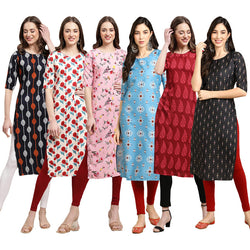 STYLISH CREPE MULTICOLOR PRINTED STRAIGHT SET OF 6 COMBO KURTA 330-342-339-361-337-359