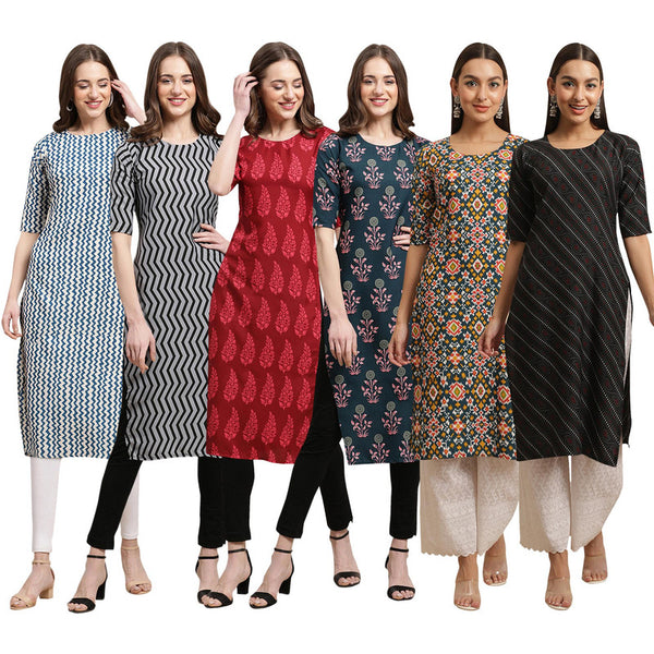 STYLISH CREPE MULTICOLOR PRINTED STRAIGHT SET OF 6 COMBO KURTA 331-336-337-335-383-385