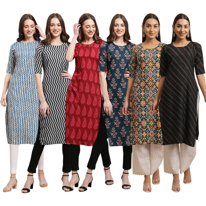 STYLISH CREPE MULTICOLOR PRINTED STRAIGHT SET OF 6 COMBO KURTA 331-336-337-335-383-385