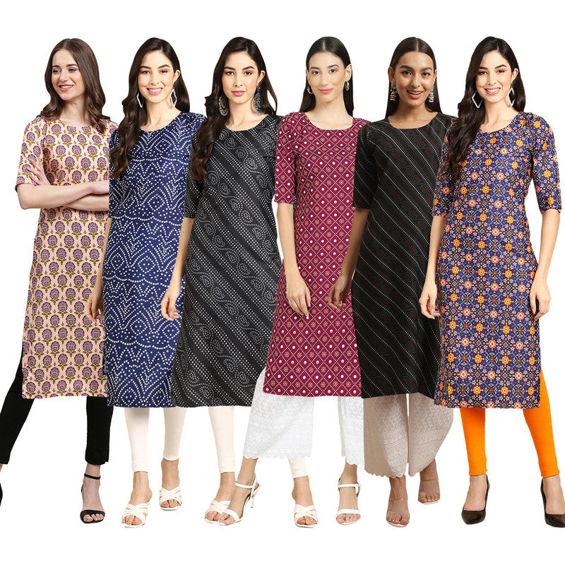 STYLISH CREPE MULTICOLOR PRINTED STRAIGHT SET OF 6 COMBO KURTA 332-366-363-355-385-369