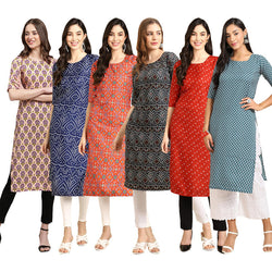 STYLISH CREPE MULTICOLOR PRINTED STRAIGHT SET OF 6 COMBO KURTA 332-366-365-373-370-351