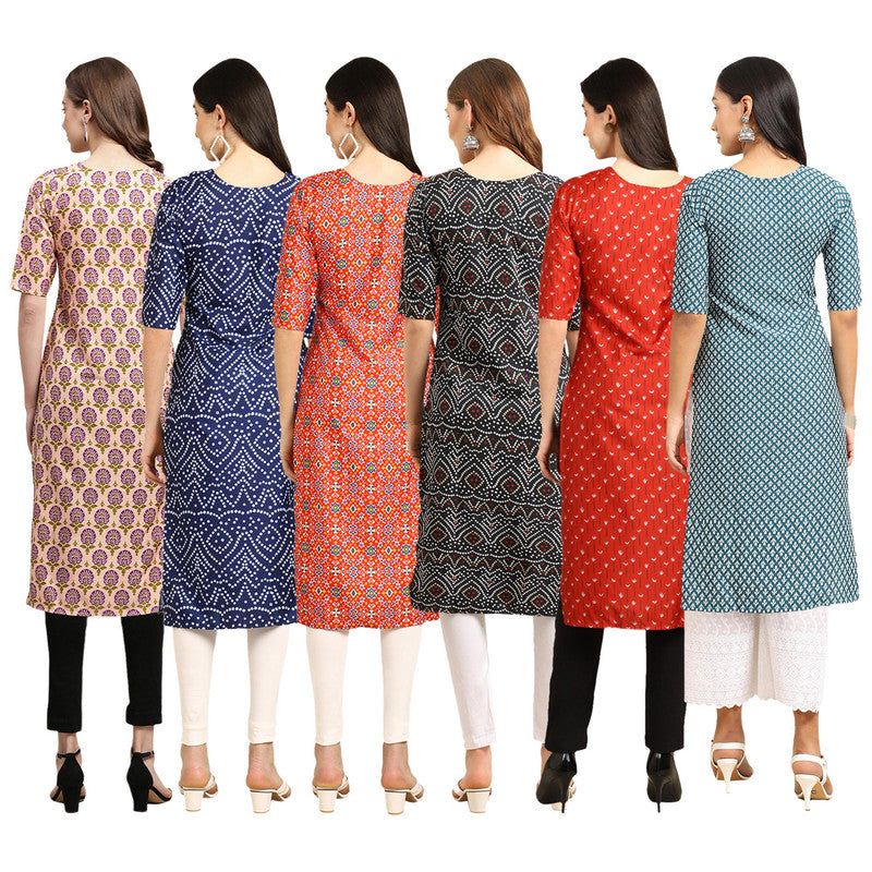 STYLISH CREPE MULTICOLOR PRINTED STRAIGHT SET OF 6 COMBO KURTA 332-366-365-373-370-351