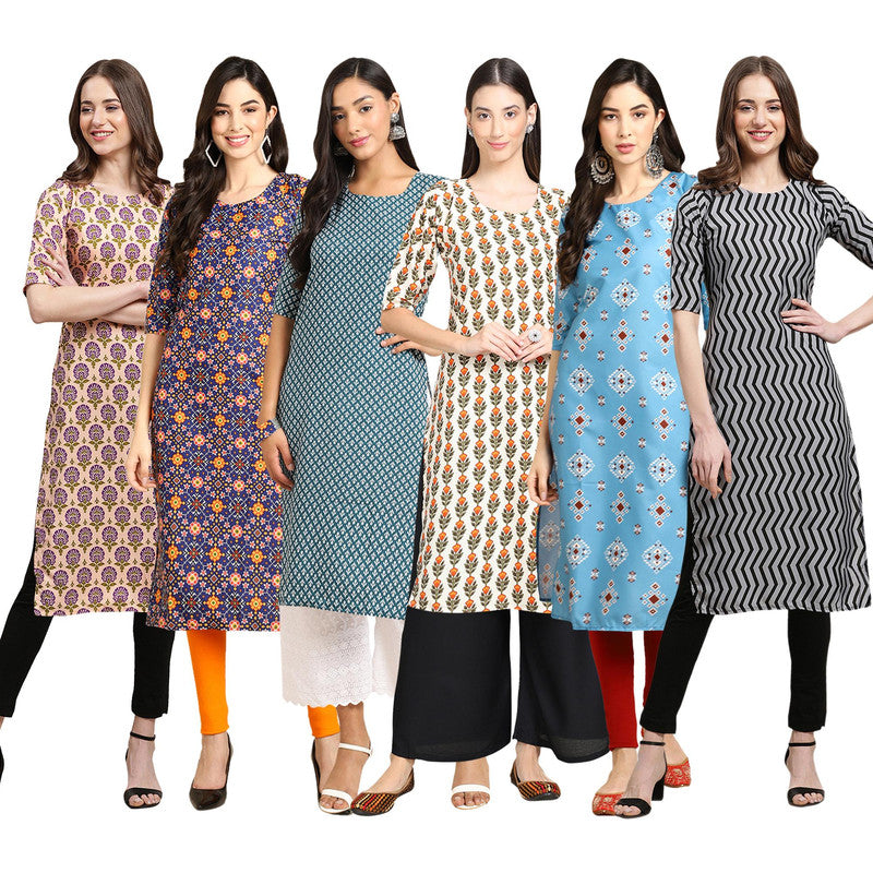 STYLISH CREPE MULTICOLOR PRINTED STRAIGHT SET OF 6 COMBO KURTA 332-369-351-352-361-336