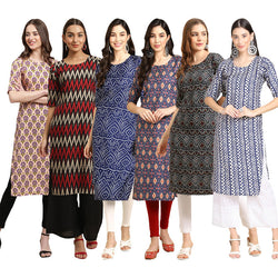 STYLISH CREPE MULTICOLOR PRINTED STRAIGHT SET OF 6 COMBO KURTA 332-382-366-358-373-348