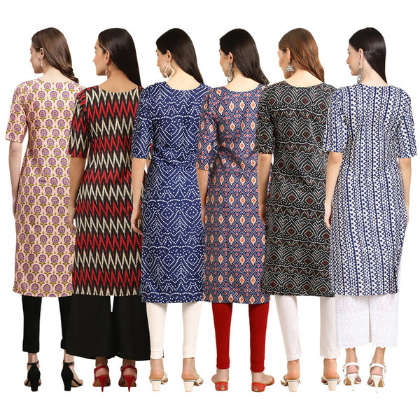 STYLISH CREPE MULTICOLOR PRINTED STRAIGHT SET OF 6 COMBO KURTA 332-382-366-358-373-348